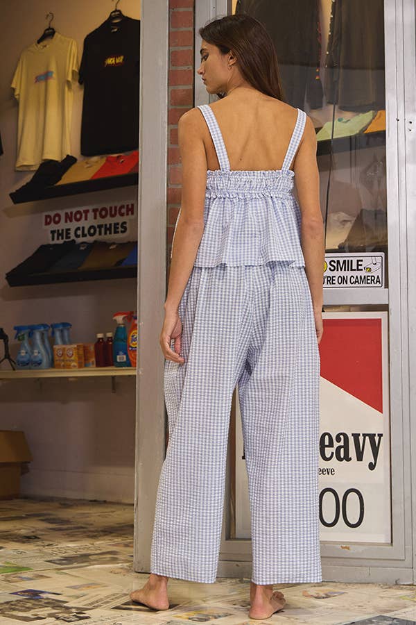 Seersucker Gingham Print Drawstring Pants