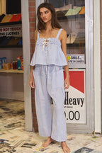 Seersucker Gingham Print Drawstring Pants