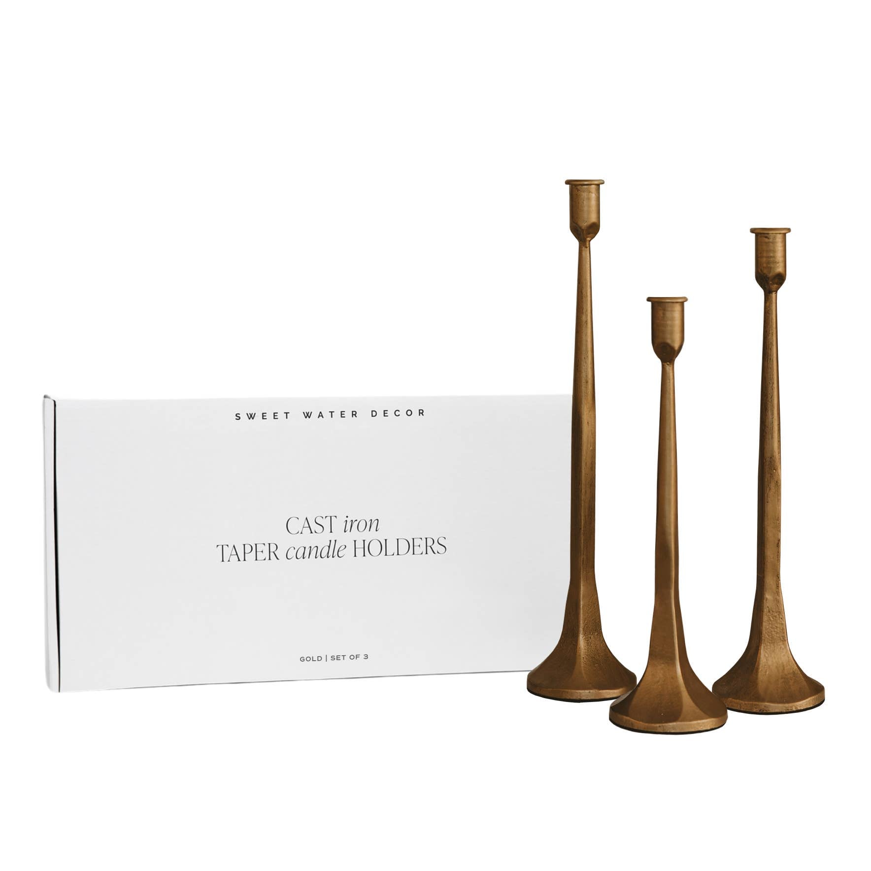 Gold Cast Iron Taper Candle Holders, Set of 3